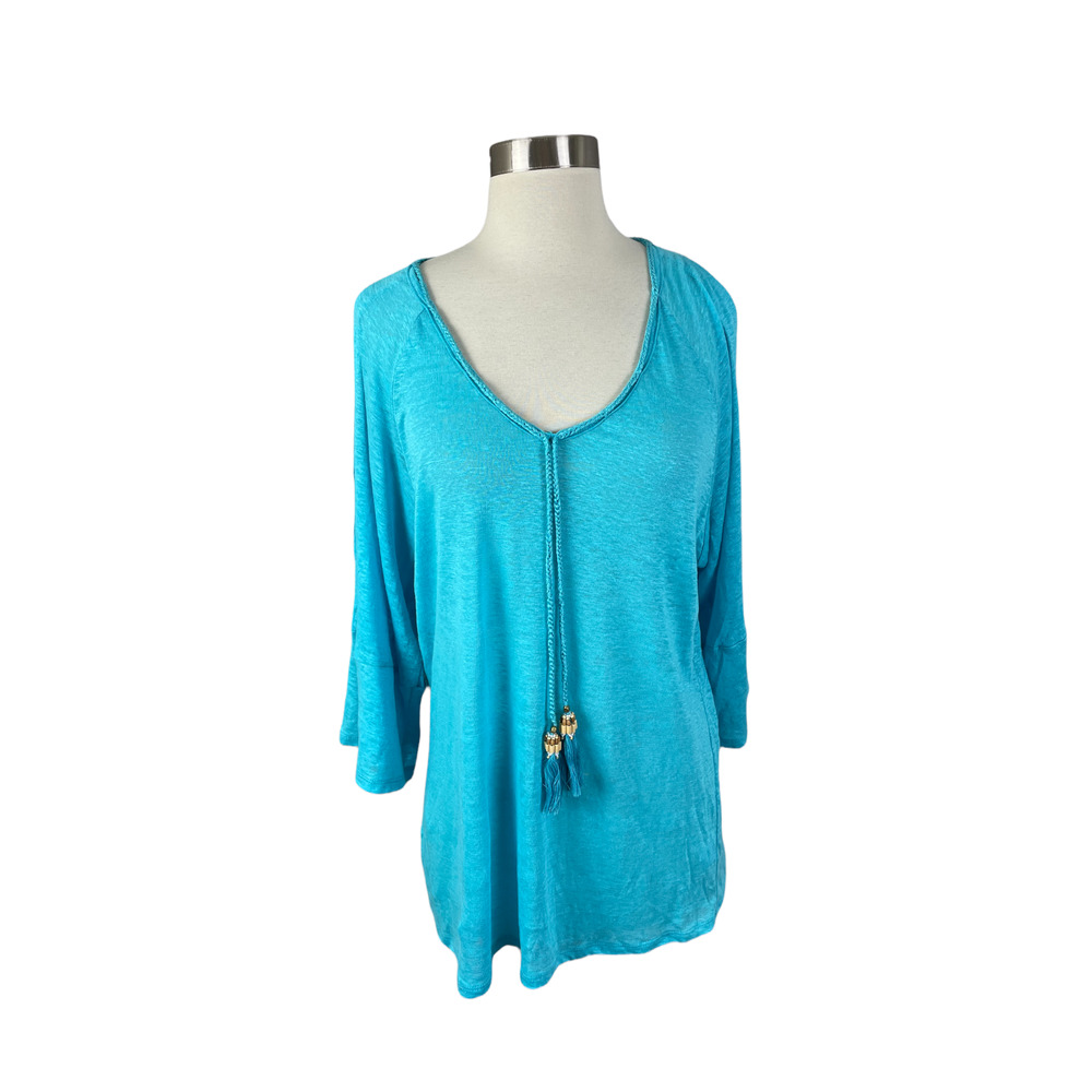 Moon & Meadow NEW S Turquoise 100% Linen Knit Cold Shoulder Tassel Top